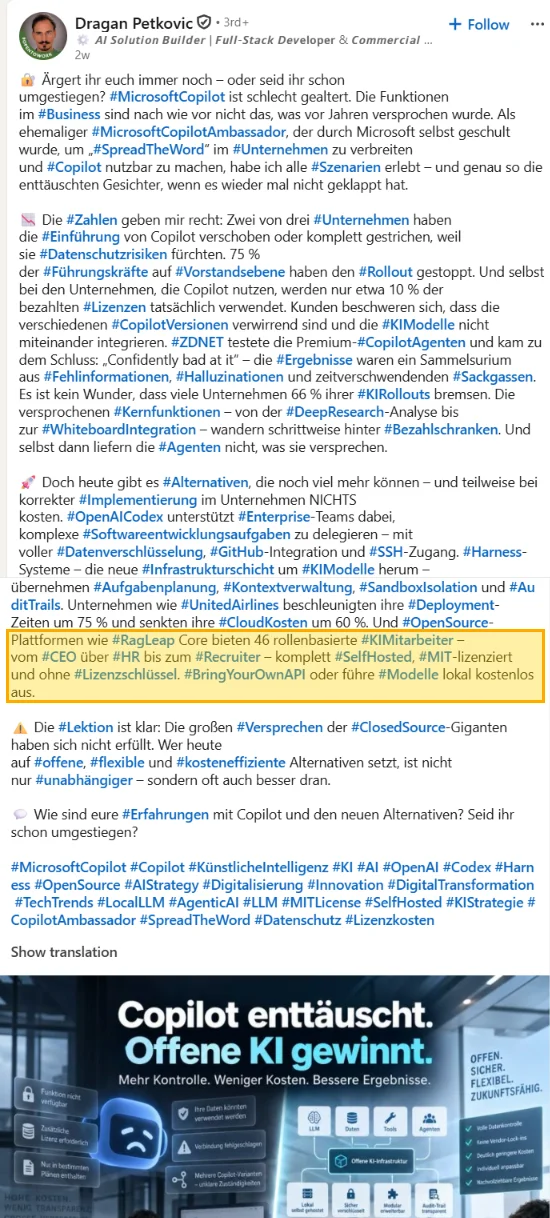 Screenshot of Dragan Petkovic's LinkedIn post with the lines about RagLeap Core highlighted