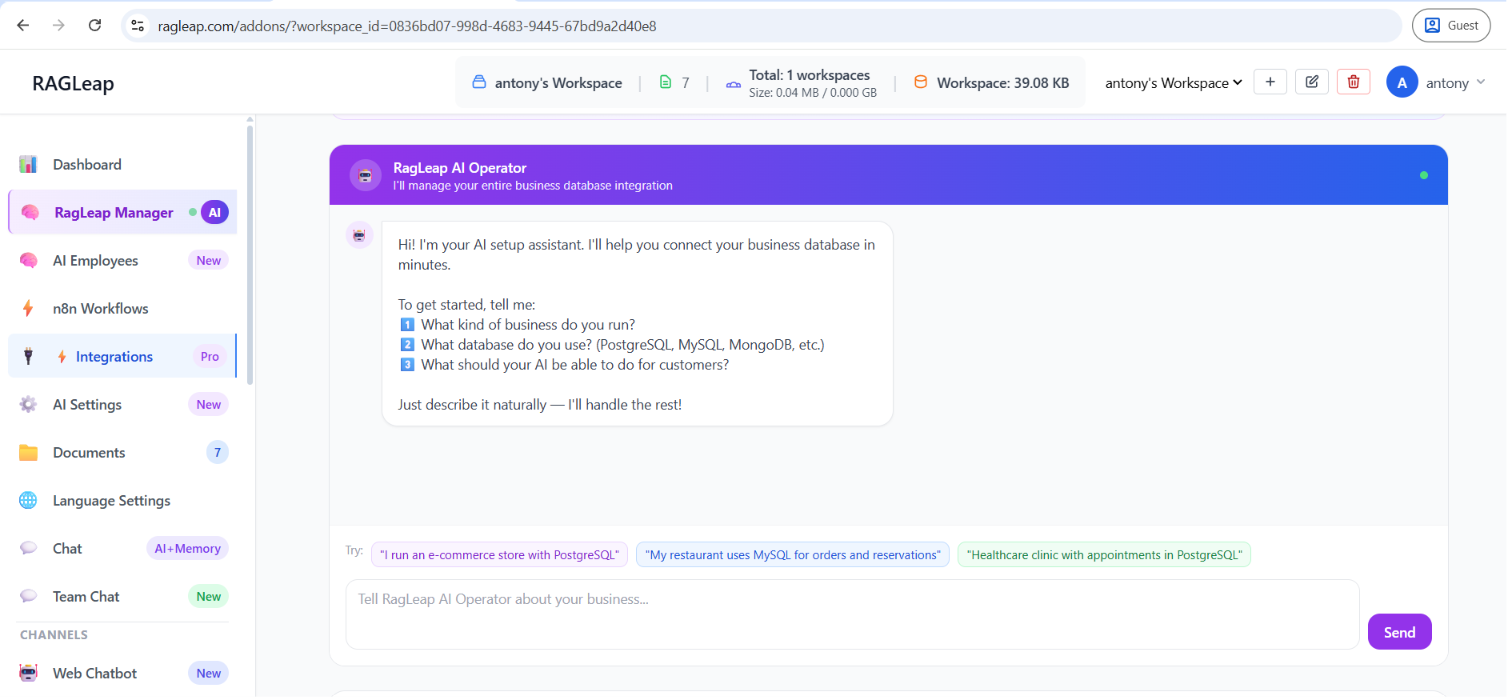 Integrations page for connecting existing tools