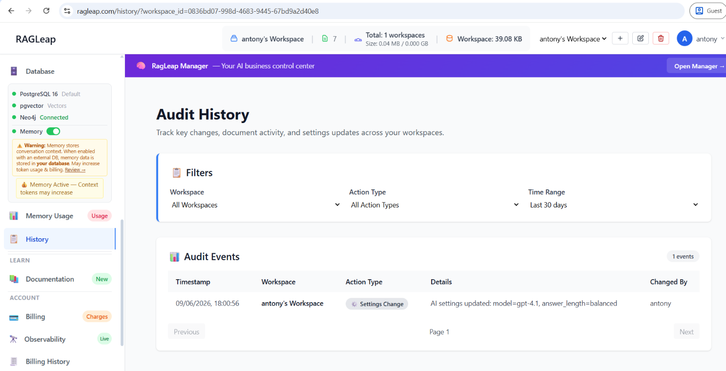 Audit history tracking configuration changes