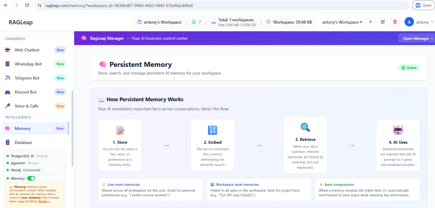 Persistent memory dashboard showing stored facts