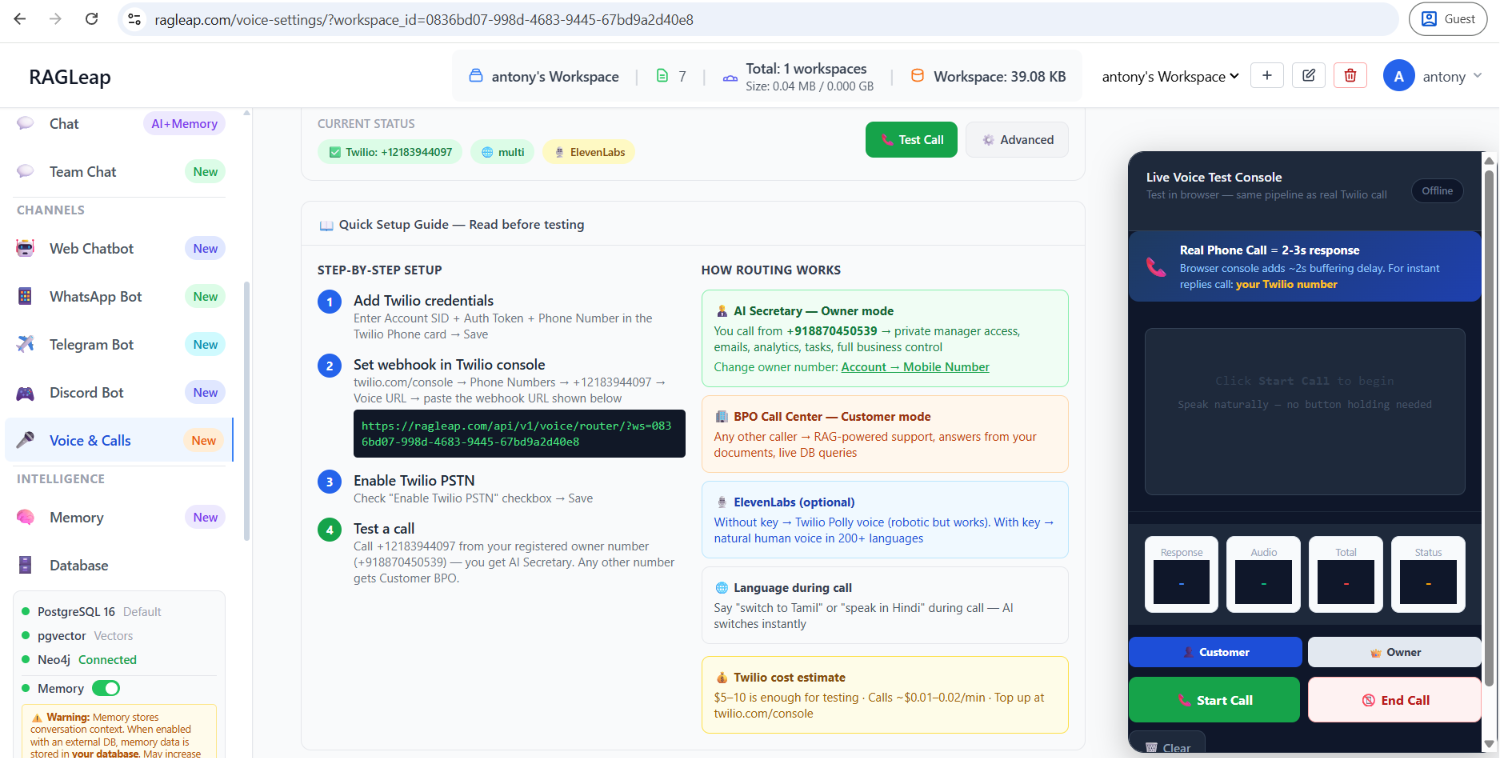 Voice AI settings and Twilio phone integration
