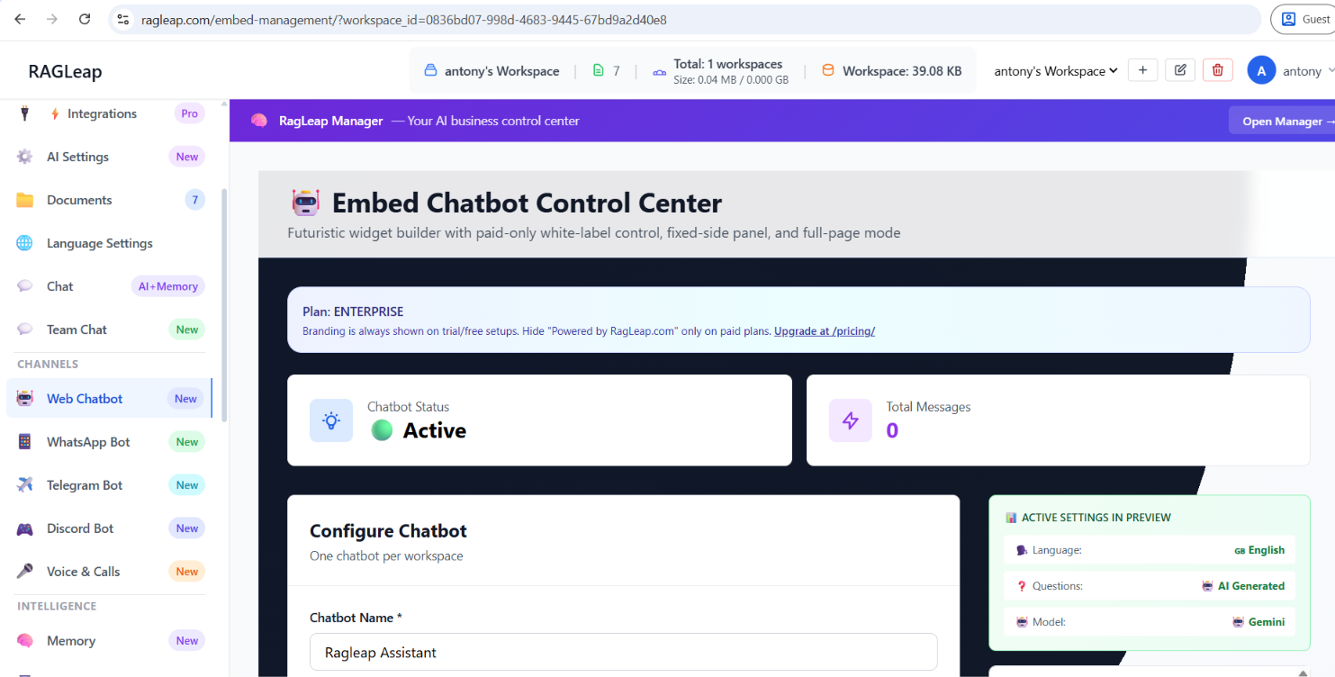 Embed chatbot control center for websites